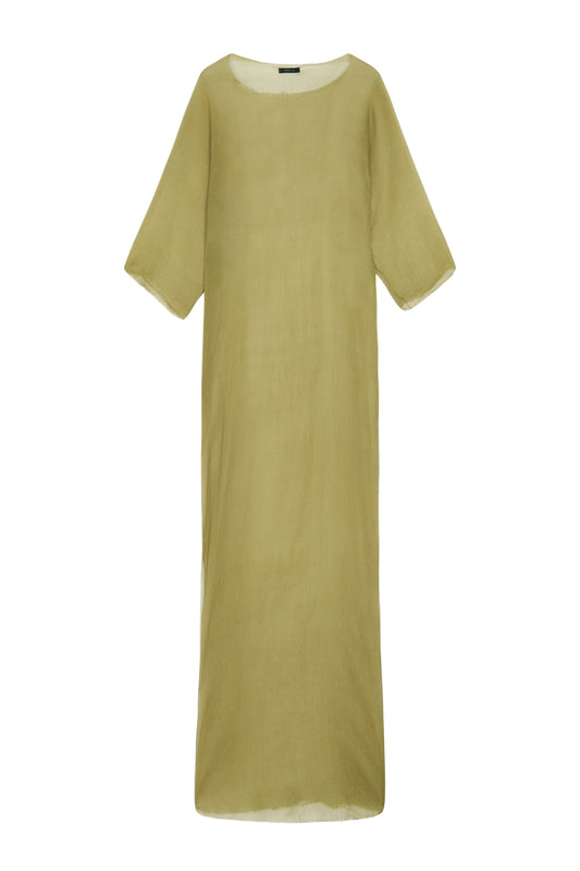 Aurora, long dress in pistachio silk bambula