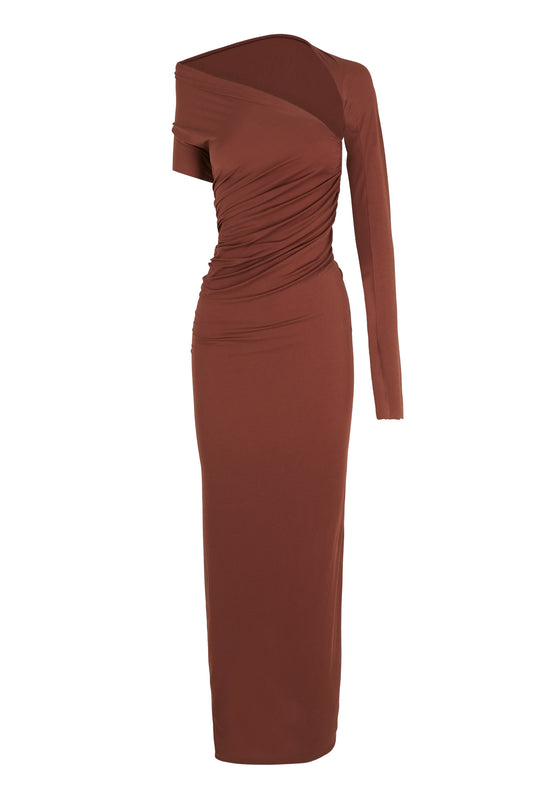 Babar, asymmetrical dress in garnet stretch cupro