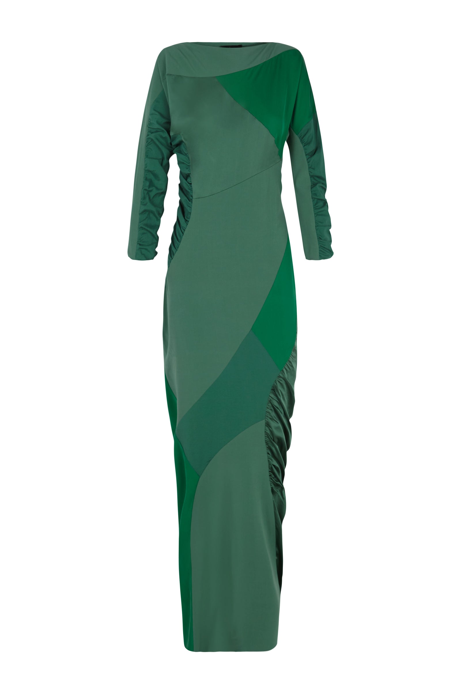 Collage, long green patchwork dress