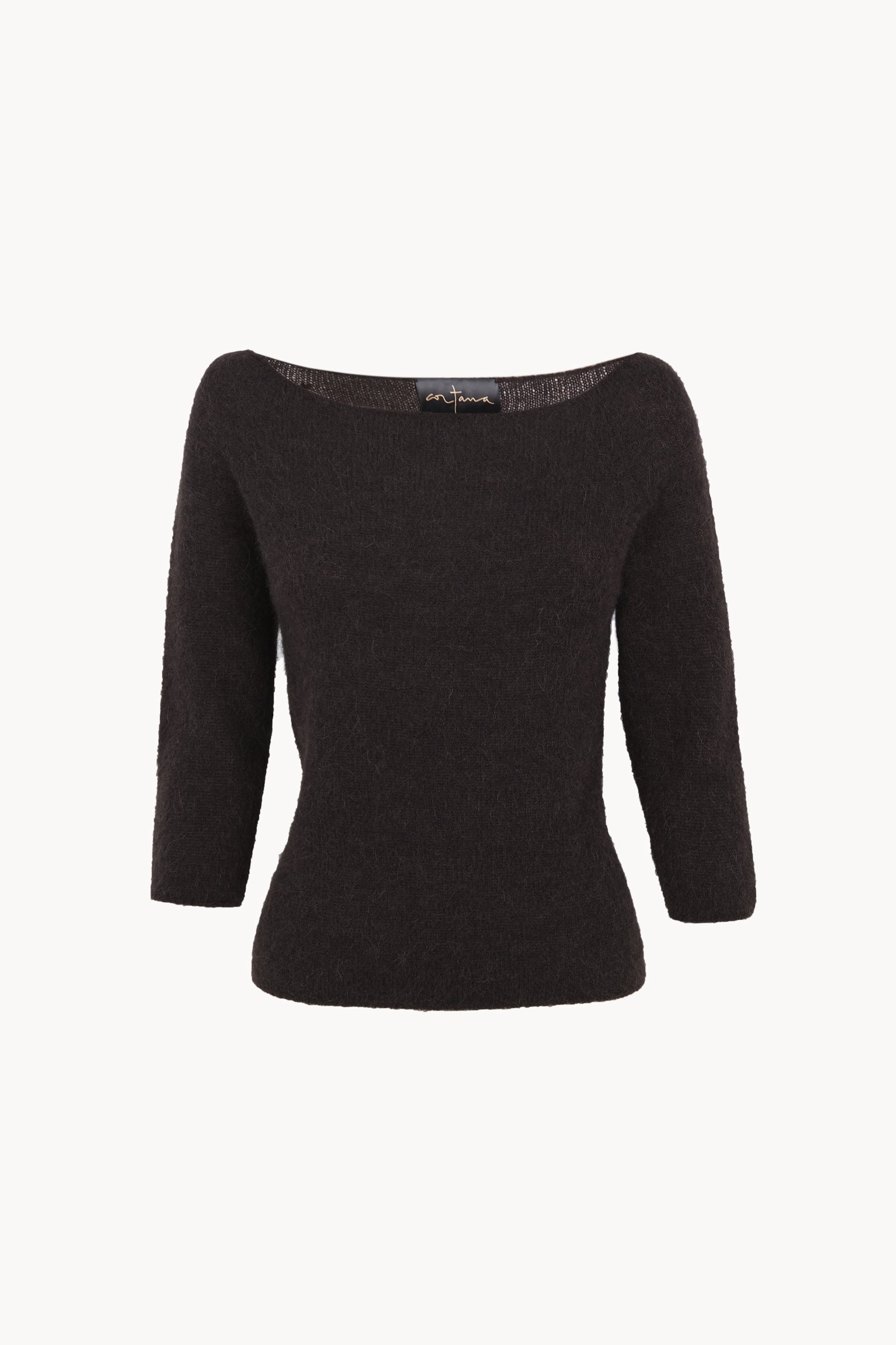 Eira, top de punto con cuello barco marron oscuro