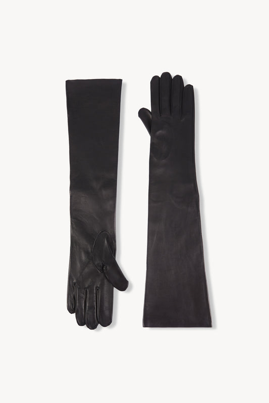 Jin, black long leather gloves