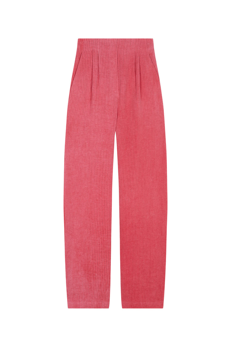 Lupe, pantalon en lino maltinto a rayas rosa