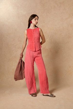 Lupe, pantalon en lino maltinto a rayas rosa