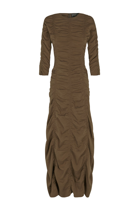 Martha, vestido fruncido avellana