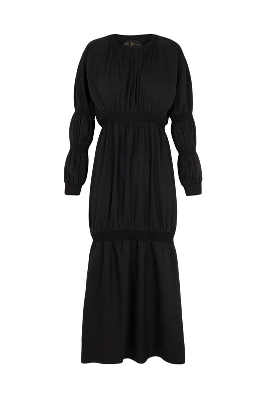 Morgan, dress in smoke gray linen and silk