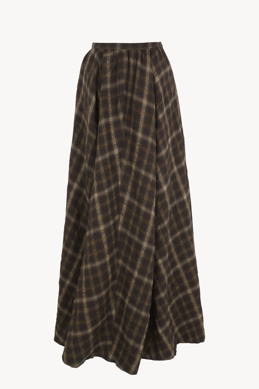 Salon, brown checked jacquard long skirt