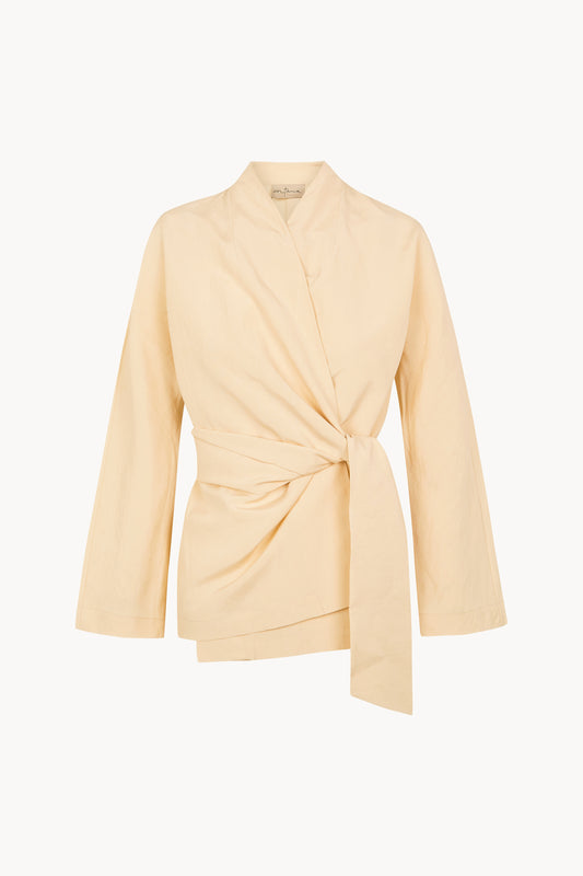Simona, beige mares wrap jacket in linen and silk
