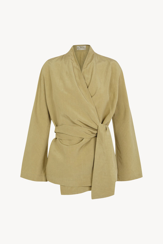 Simona, matte khaki wrap jacket in linen and silk