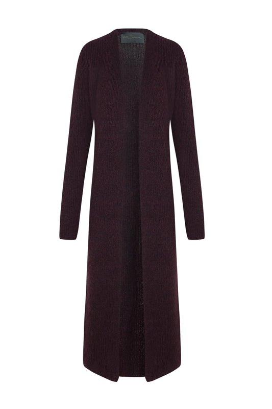 Zakia, chaqueta larga en baby alpaca, lana y seda burdeos