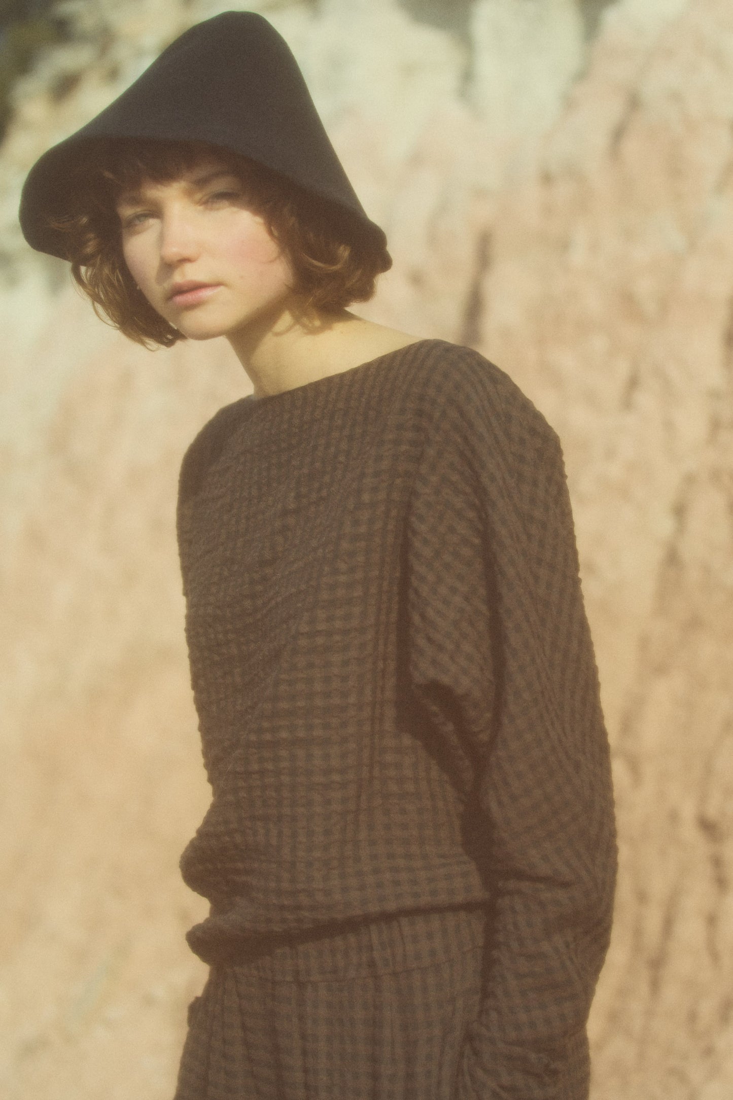 Bravo, beige checked jacquard top