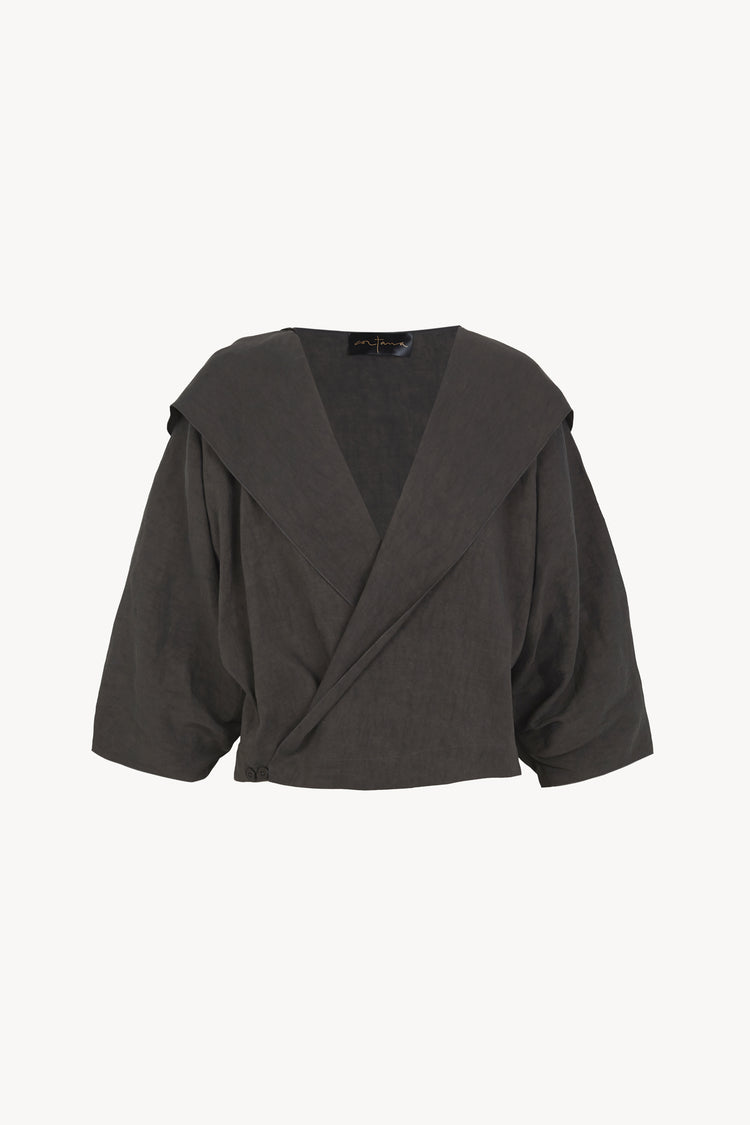 Odel, chaqueta corta de lino y cupro gris oscuro