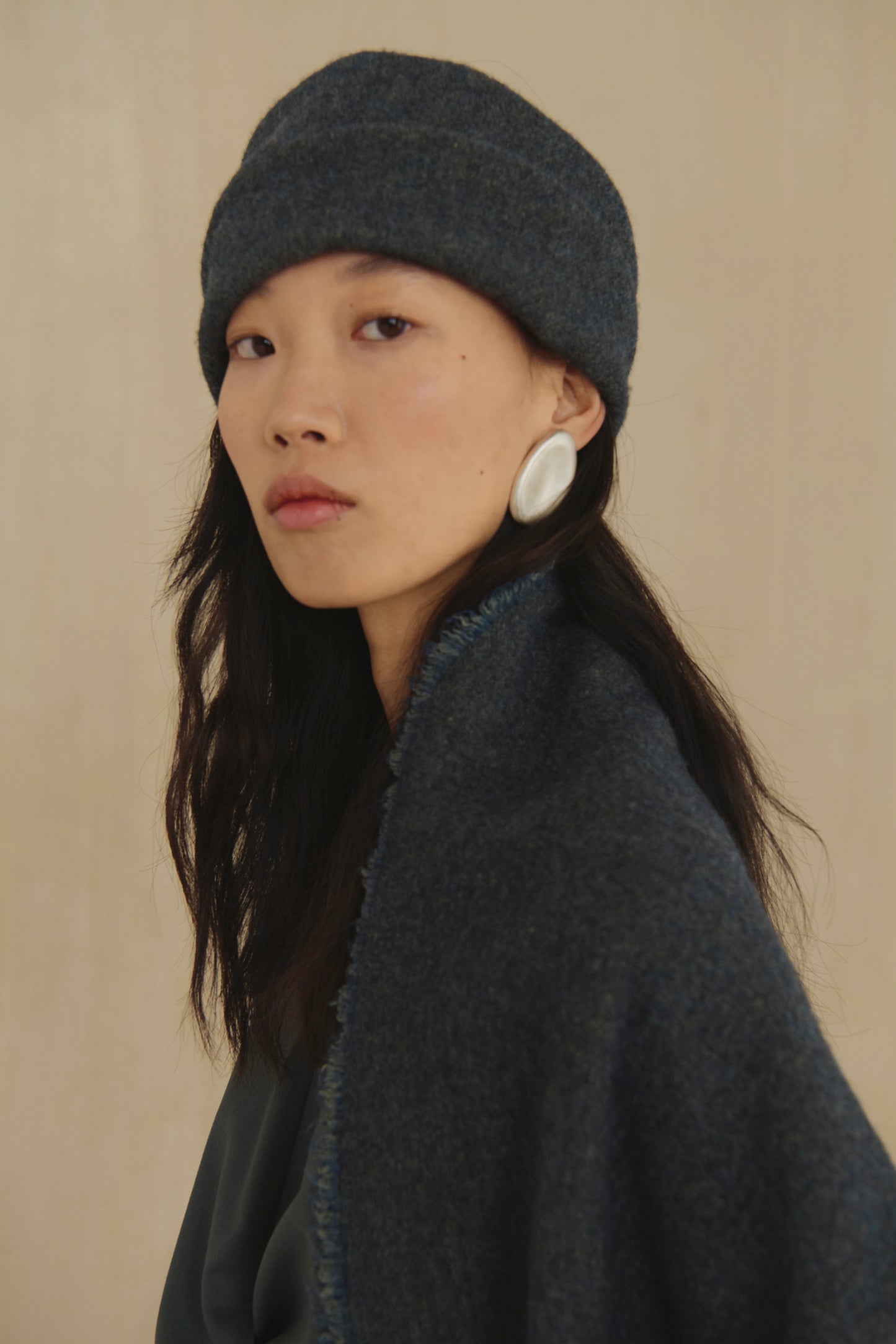 Nur, blue melange wool and cotton long scarf