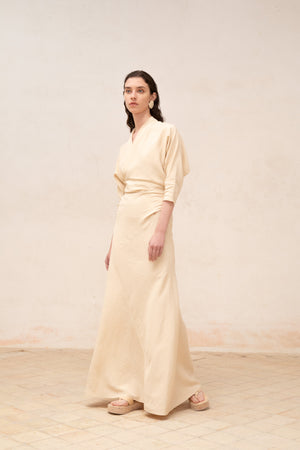 Amelia, long beige linen and silk dress