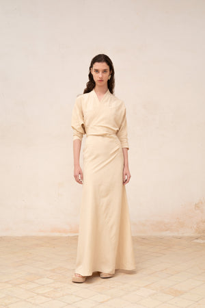 Amelia, long beige linen and silk dress