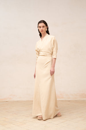 Amelia, long beige linen and silk dress