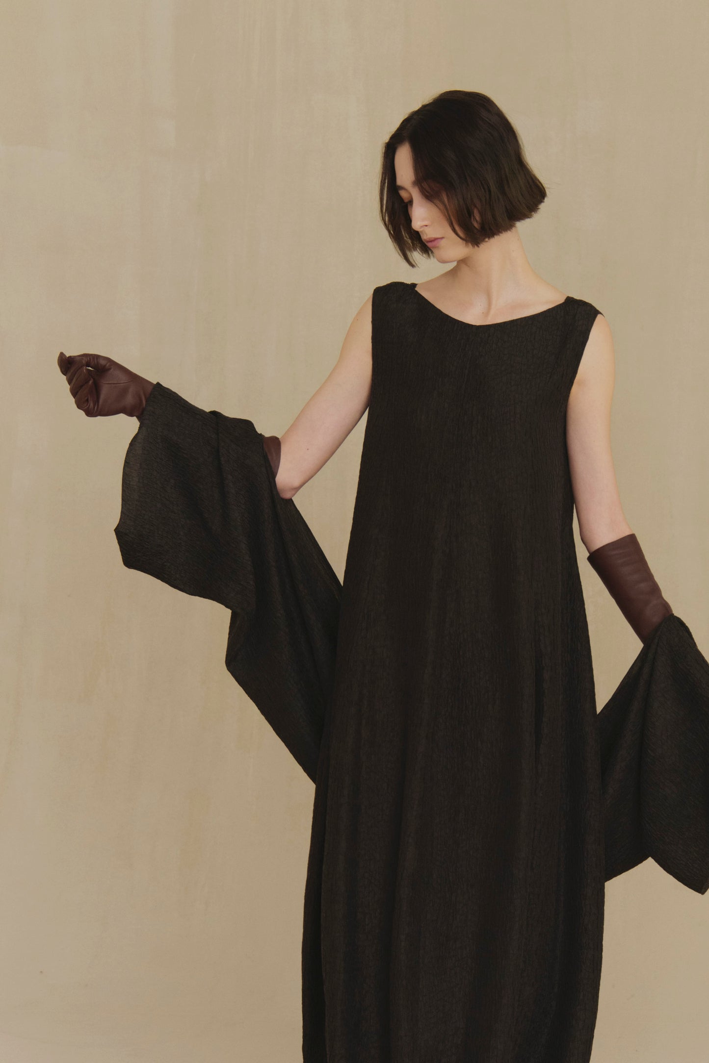 Anhelo, mocha silk balloon maxi dress
