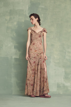 Antonella, long dress in printed silk 