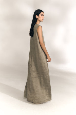 Aria, vestido de lino y seda a rayas vison gris