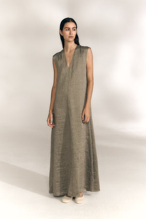 Aria, vestido de lino y seda a rayas vison gris