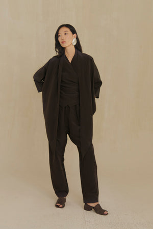 Aria, mocha silk and linen wrap jacket