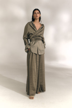 Aria, falda de lino y seda a rayas vison gris