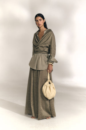 Aria, falda de lino y seda a rayas vison gris