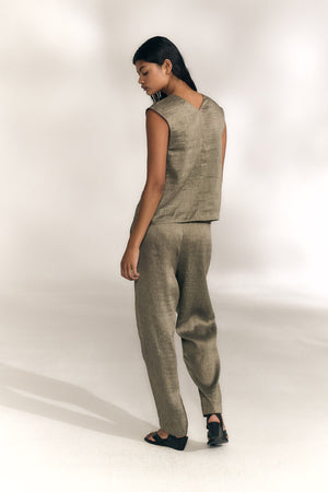 Aria, top de lino y seda a rayas vison gris