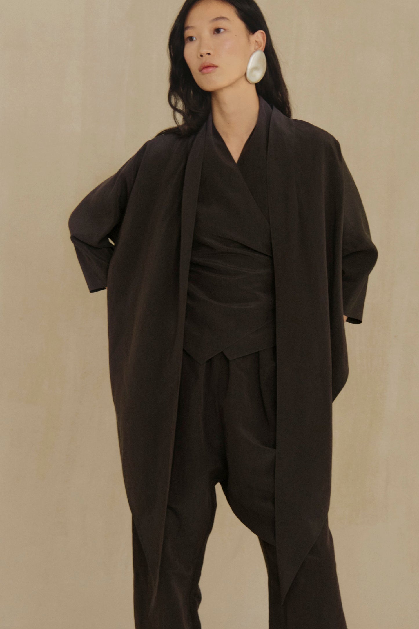 Aria, mocha silk and linen wrap jacket