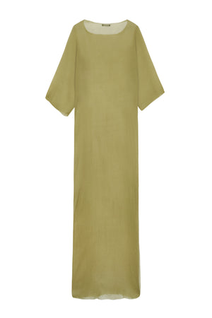 Aurora, long dress in pistachio silk bambula