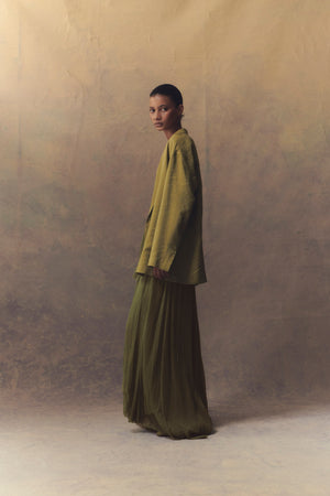Aurora, long skirt in pistachio silk bambula