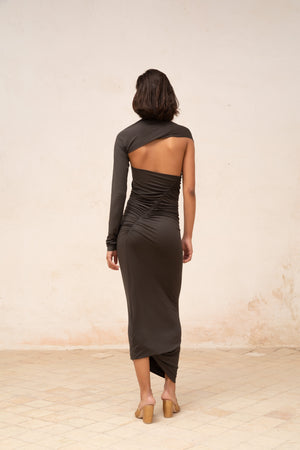 Babar, asymmetrical dress in graphite stretch cupro