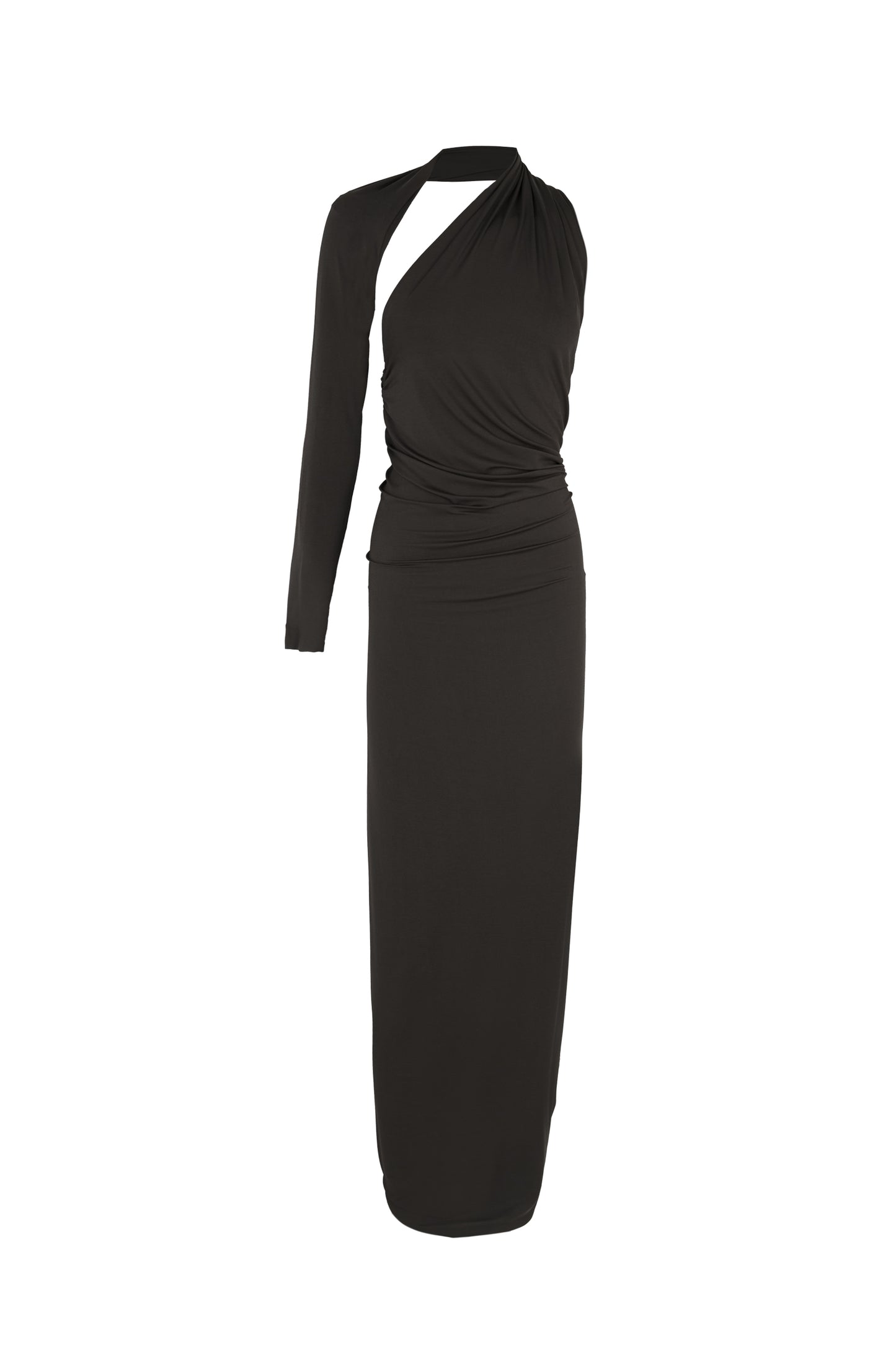 Babar, asymmetrical dress in graphite stretch cupro