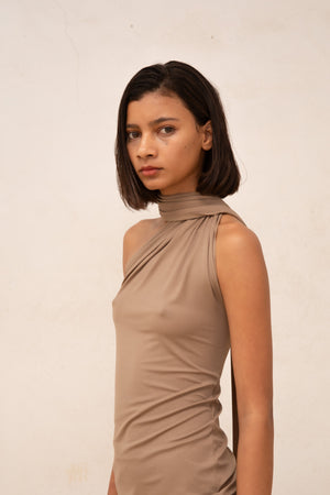 Babar, asymmetrical top in cocoa stretch cupro