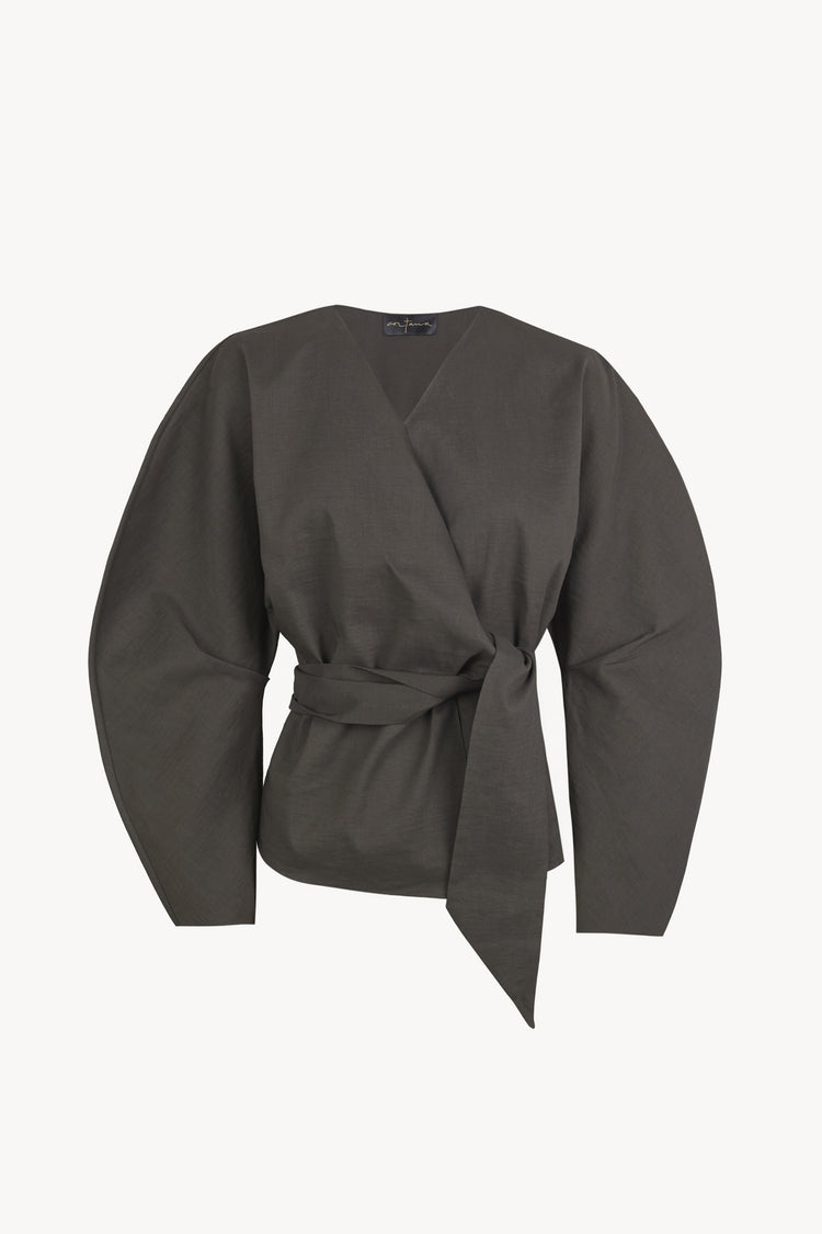 Brenna, chaqueta cruzada de cañamo y viscosa gris oscuro