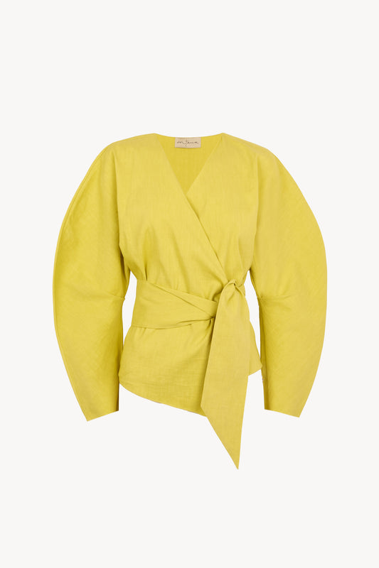 Brenna, chaqueta cruzada de cañamo y viscosa lima