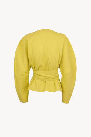 Brenna, chaqueta cruzada de cañamo y viscosa lima