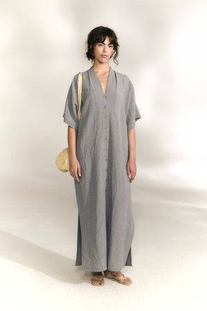 Camila, vestido a rayas de lino azul gris