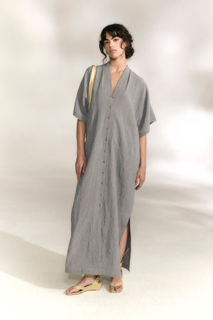 Camila, vestido a rayas de lino azul gris