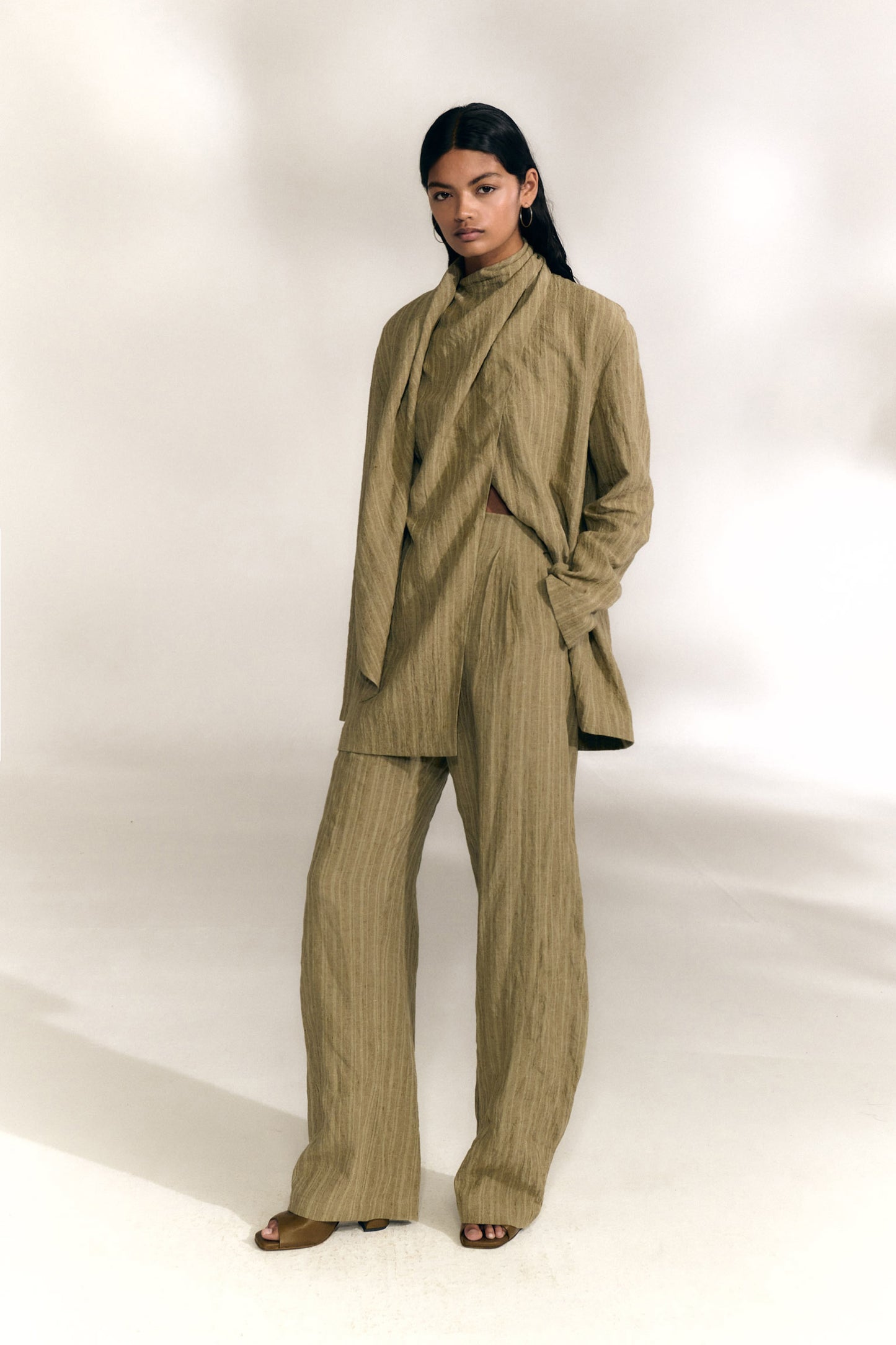 Camila, greyish green striped linen wrap jacket