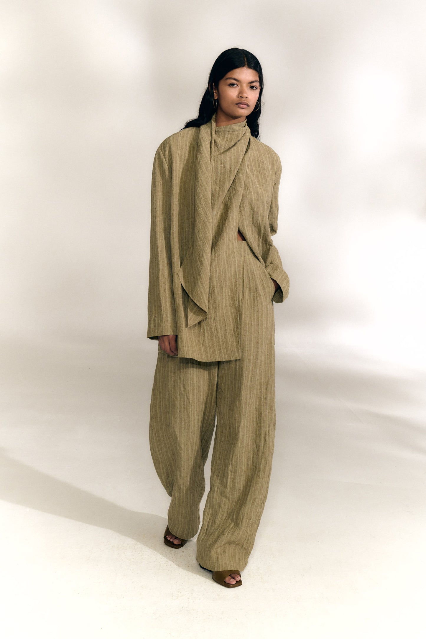 Camila, greyish green striped linen wrap jacket