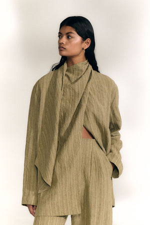 Camila, greyish green striped linen wrap jacket