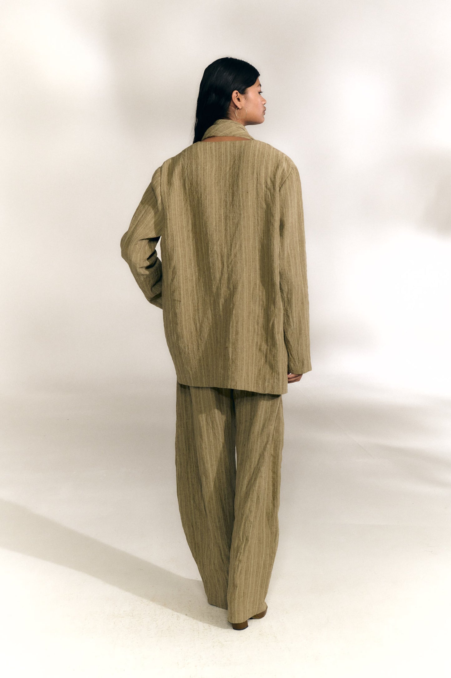 Camila, greyish green striped linen wrap jacket