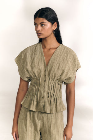 Camila, greysh green striped linen shirt