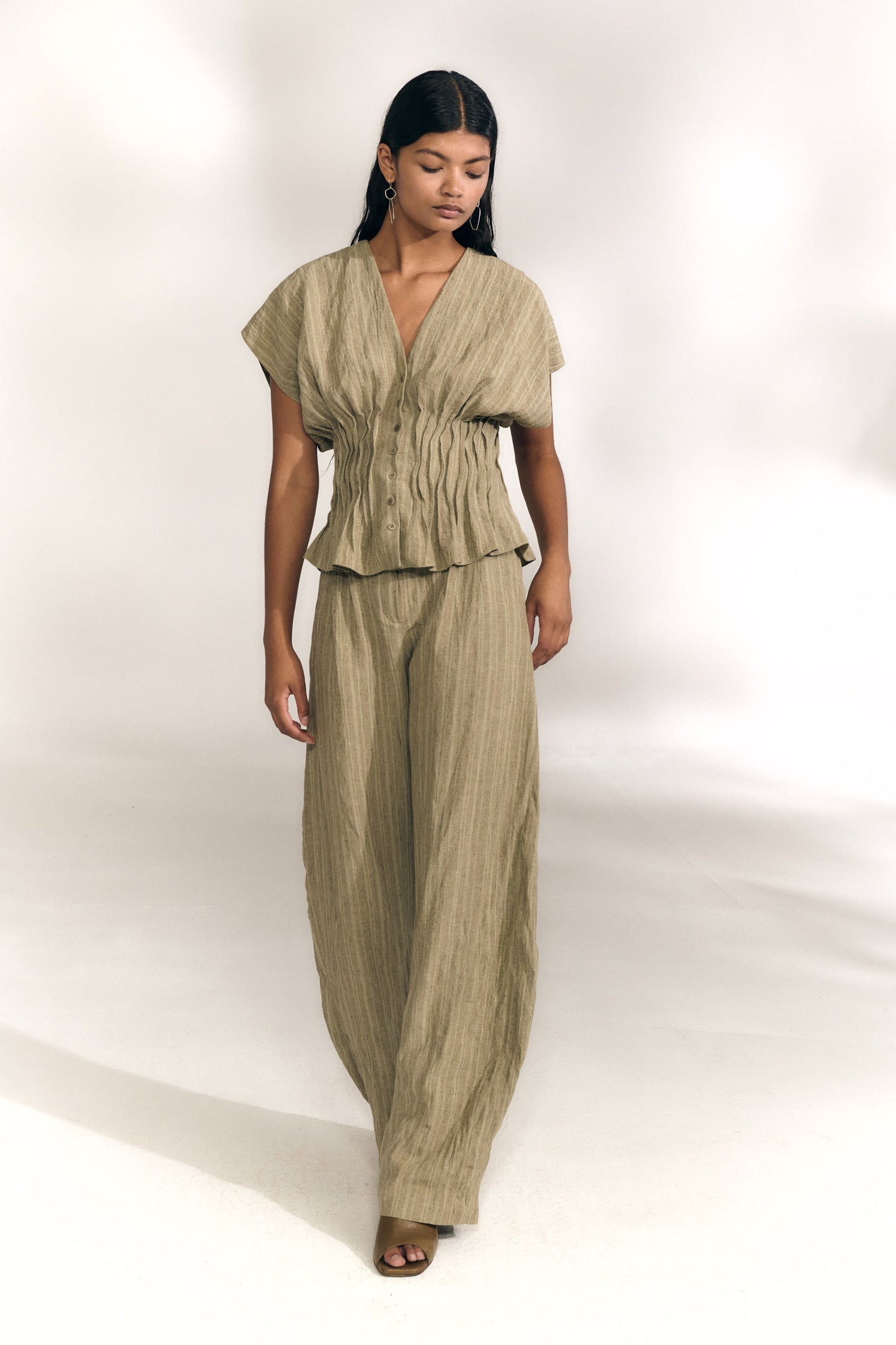 Camila, greysh green striped linen shirt