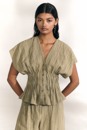 Camila, greysh green striped linen shirt