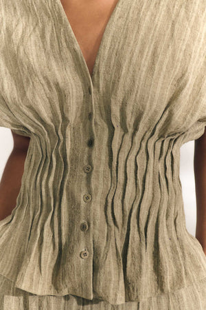 Camila, greysh green striped linen shirt