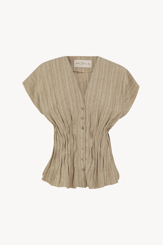 Camila, greysh green striped linen shirt