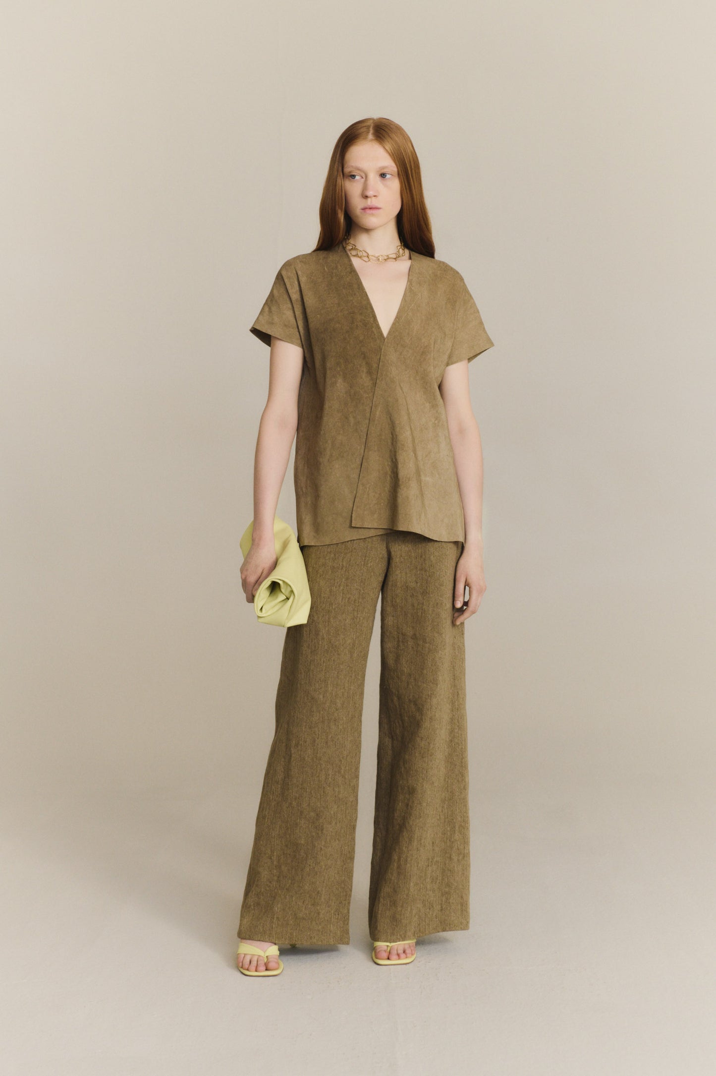 Tourmaline, khaki jacquard linen trousers