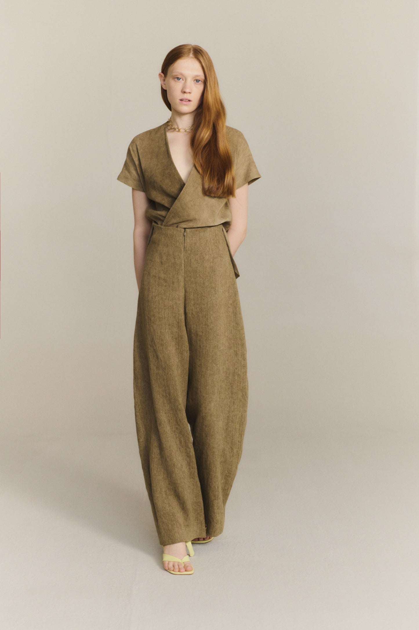 Tourmaline, khaki jacquard linen trousers