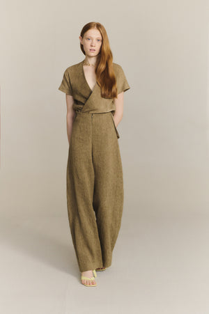Tourmaline, khaki jacquard linen trousers